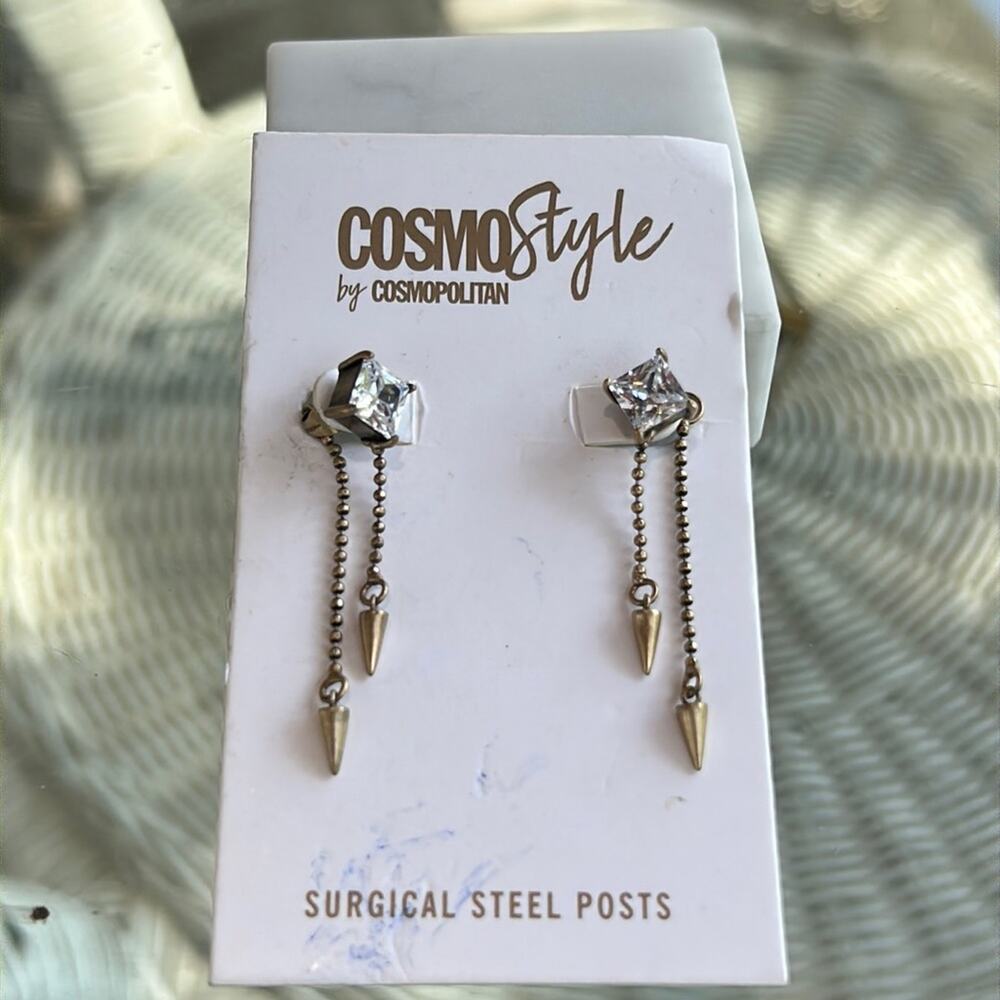 Cosmostyle by Cosmopolitan Large Rhinestone earrings with drop chains #50 New